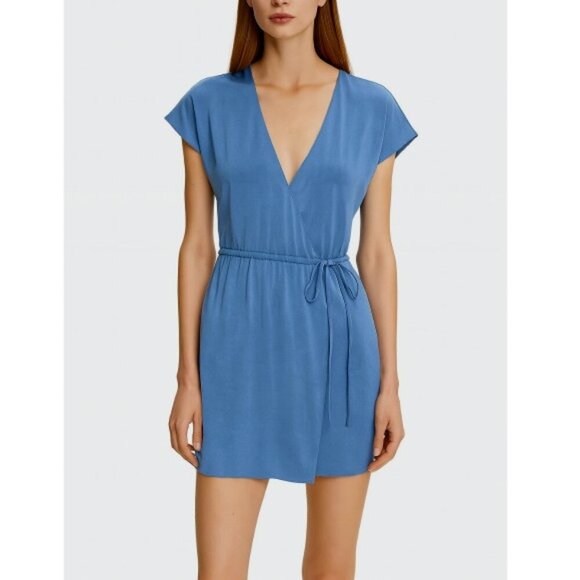 Theory Short-Sleeve Crushed Satin Wrap-Front Romper, Steel Blue - Picture 1 of 2